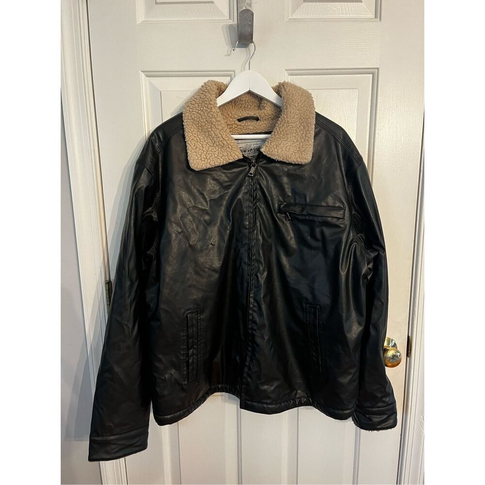 Vintage Sawyer of Napa Black Leather Sherpa Lined Aviator Jacket sz XL (flaw)